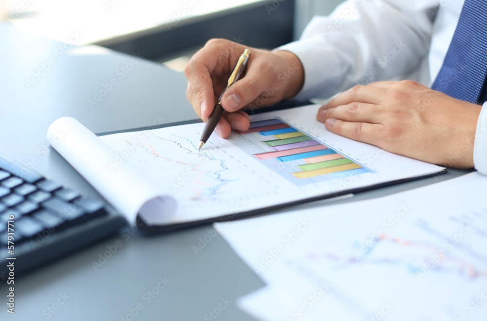 Close-up of graphs and charts analyzed by businessman Close-up of graphs and charts analyzed by businessman