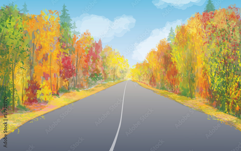 Naklejka premium Vector autumn landscape with empty road.