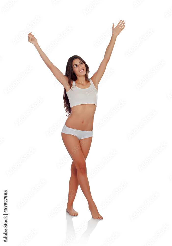 Happy girl in white underwear celebrating something Happy girl in white underwear celebrating something