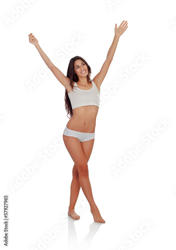 Happy girl in white underwear celebrating something