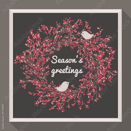 Holly wreath with two pretty birds. Season's greetings