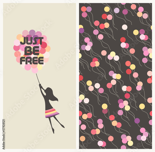 Little girl flying away on balloons and motivational text