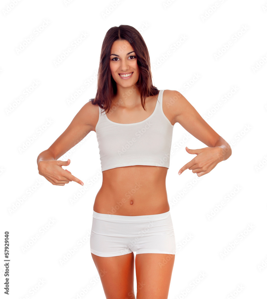 Girl in white underwear indicating her body Girl in white underwear indicating her body