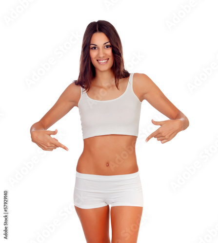 Girl in white underwear indicating her body