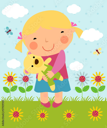 Cartoon little girl and teddy