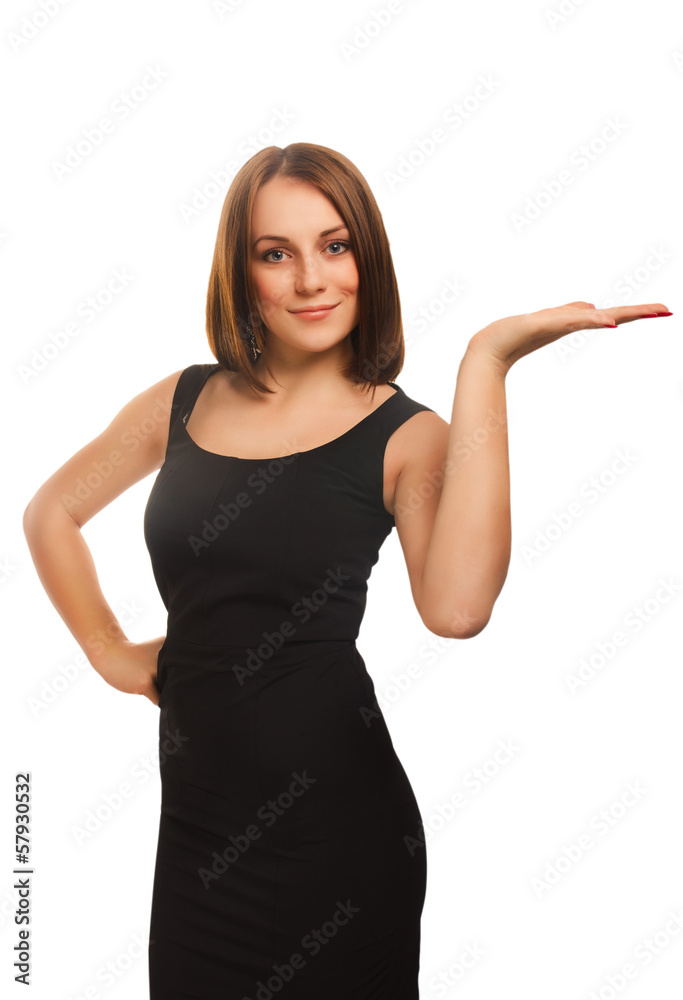 portrait happy young blond woman showing open hand holding in a portrait happy young blond woman showing open hand holding in a