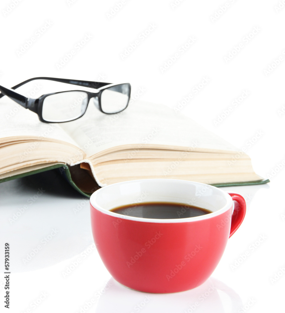 Naklejka premium Cup of coffee with book and glasses isolated on white