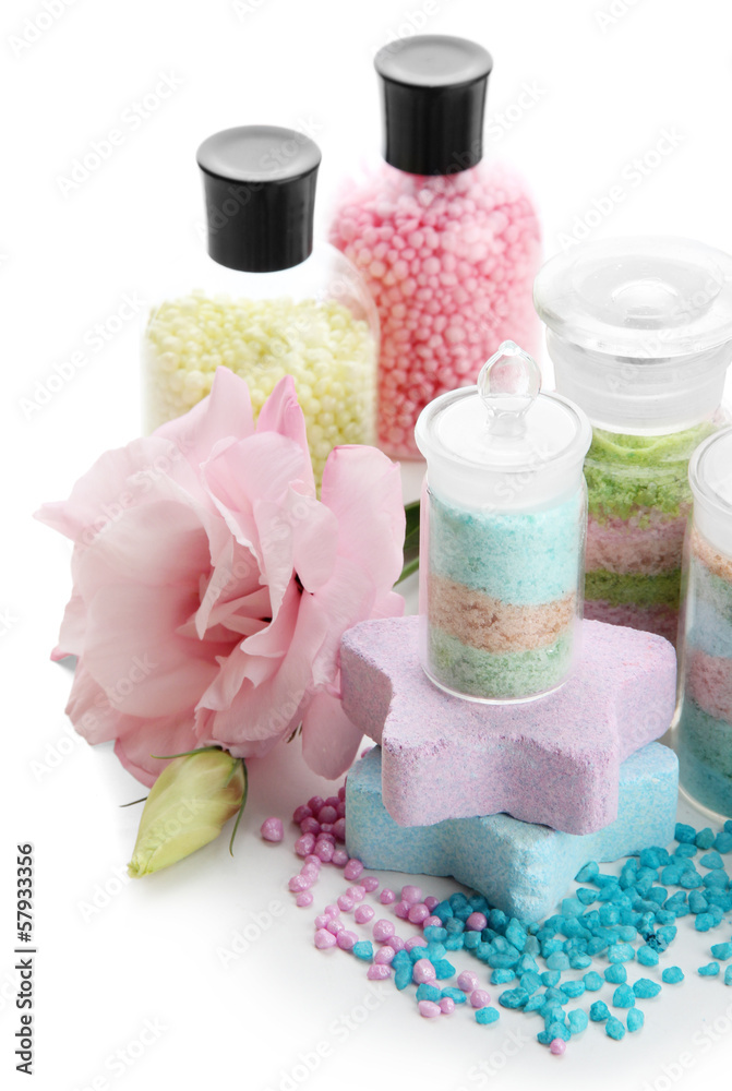Composition with aromatic salts in glass bottles and flower, Composition with aromatic salts in glass bottles and flower,