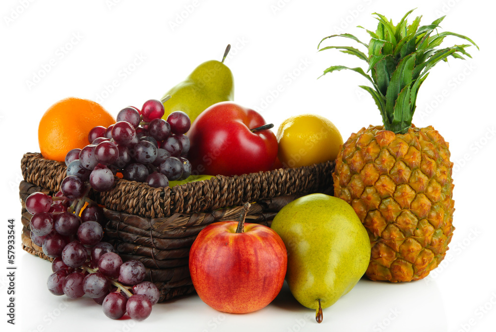 Ripe fruits in basket isolated on white Ripe fruits in basket isolated on white