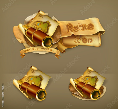 Old map and spyglass, icon