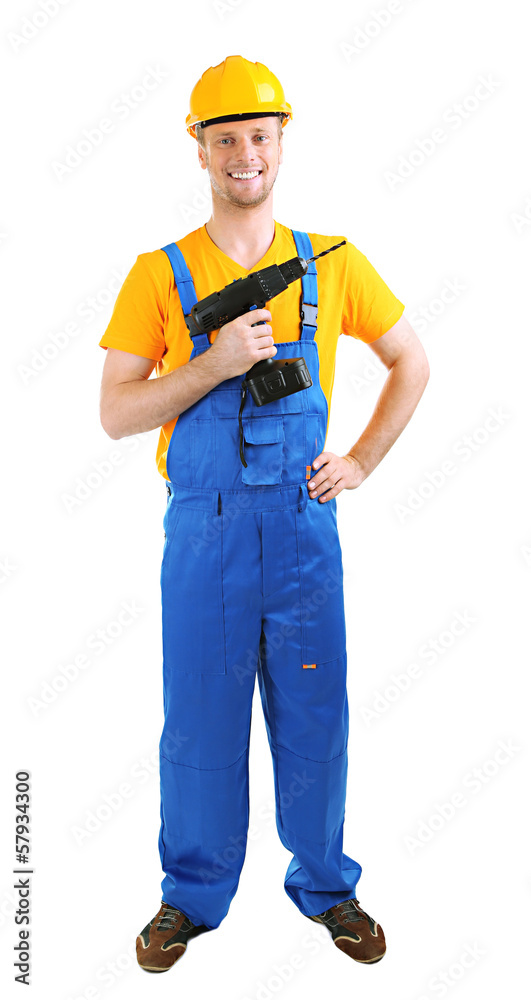 Portrait of young builder isolated on white Portrait of young builder isolated on white