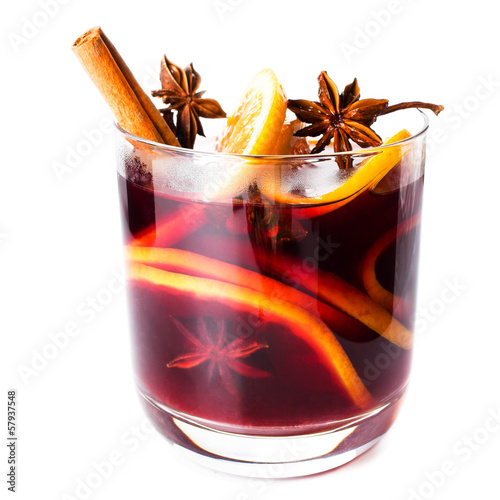 Hot red mulled wine isolated on white background with christmas photo