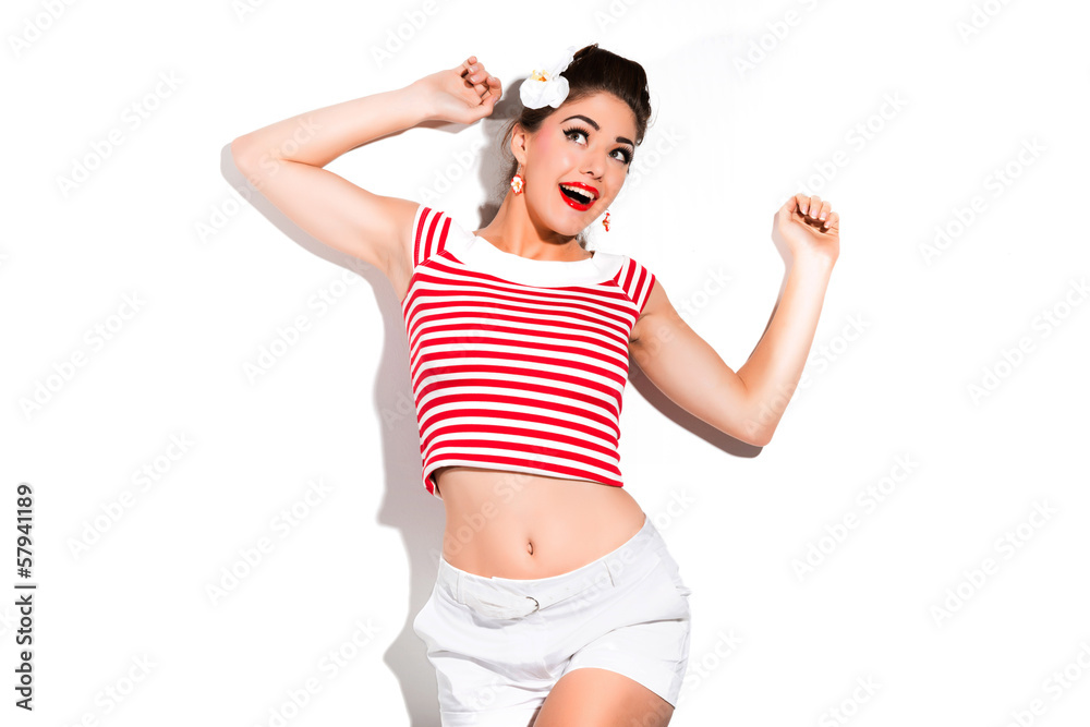 Sexy retro pin-up girl with red lipstick wearing red striped shi Sexy retro pin-up girl with red lipstick wearing red striped shi