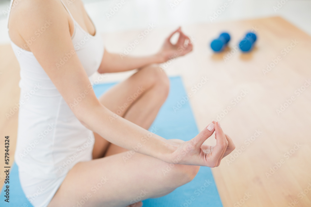 Fototapeta premium Toned woman sitting in lotus pose at fitness studio