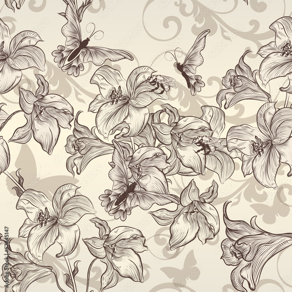 Beautiful vector seamless wallpaper with lily in vintage style Stock ...