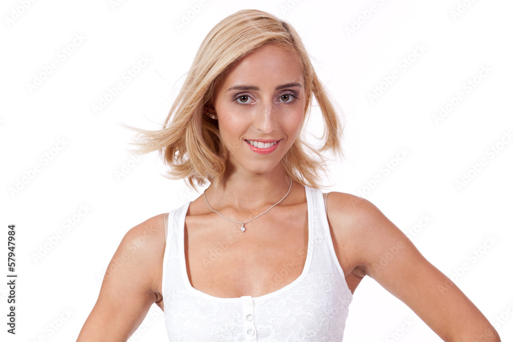 junge attraktive schlanke blonde frau portrait lachend