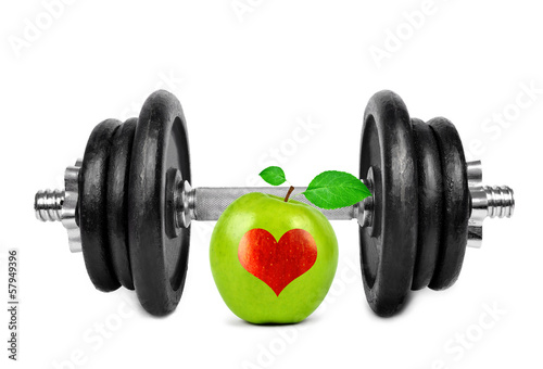 Black dumbbell with apple on white background