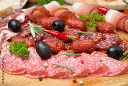 Assorted meats and sausages, close-up, selective focus