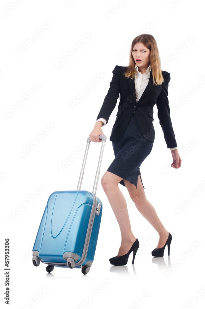 Woman preparing for vacation with suitcase on white Woman preparing for vacation with suitcase on white