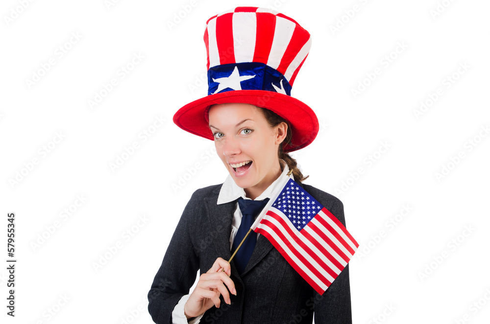 Young woman with american symbols on white Young woman with american symbols on white