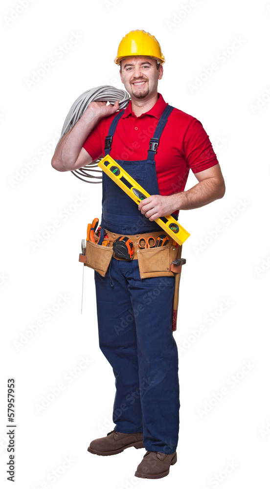  Caucasian electrician with tools. isolated white background
