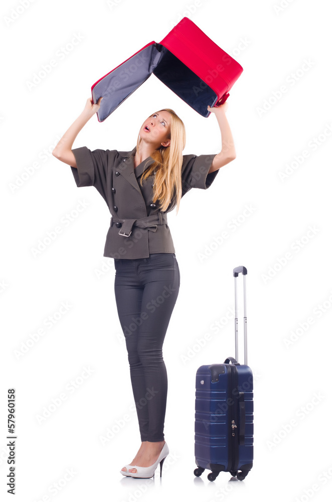 Woman preparing for vacation with suitcase on white Woman preparing for vacation with suitcase on white