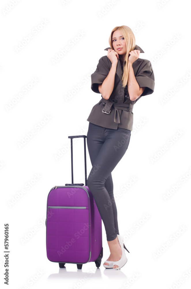 Woman preparing for vacation with suitcase on white Woman preparing for vacation with suitcase on white