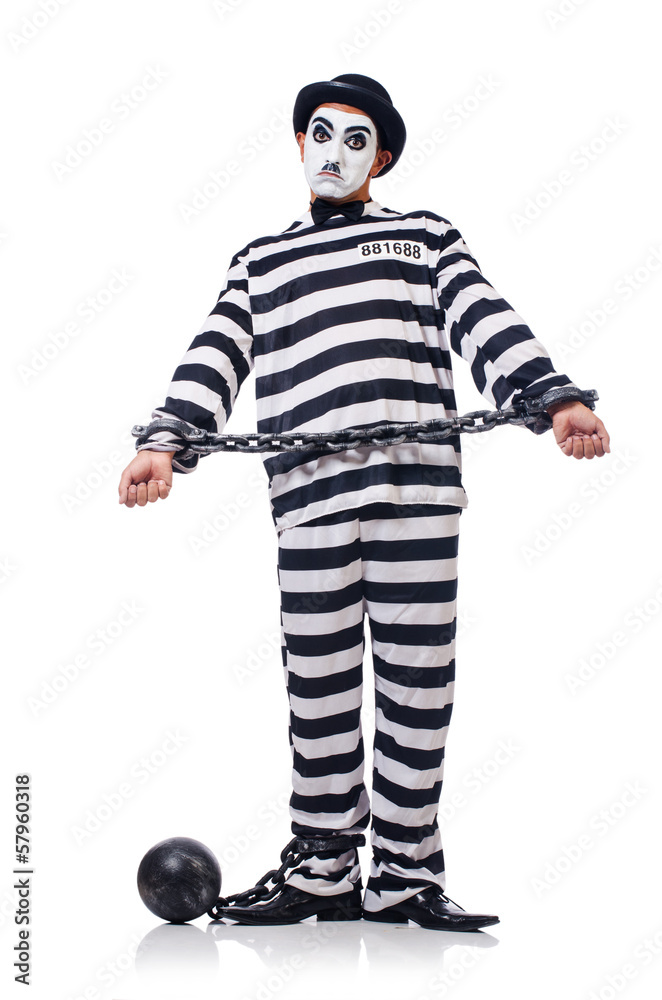 Funny man with facemask mask with shackles on white