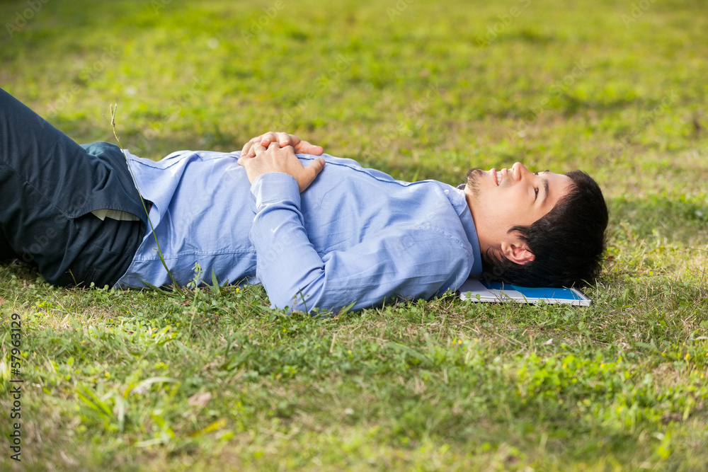 Student Relaxing On Grass At University Campus Student Relaxing On Grass At University Campus