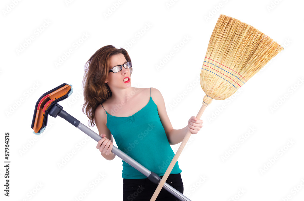 Young housewife doing housekeeping on white Young housewife doing housekeeping on white