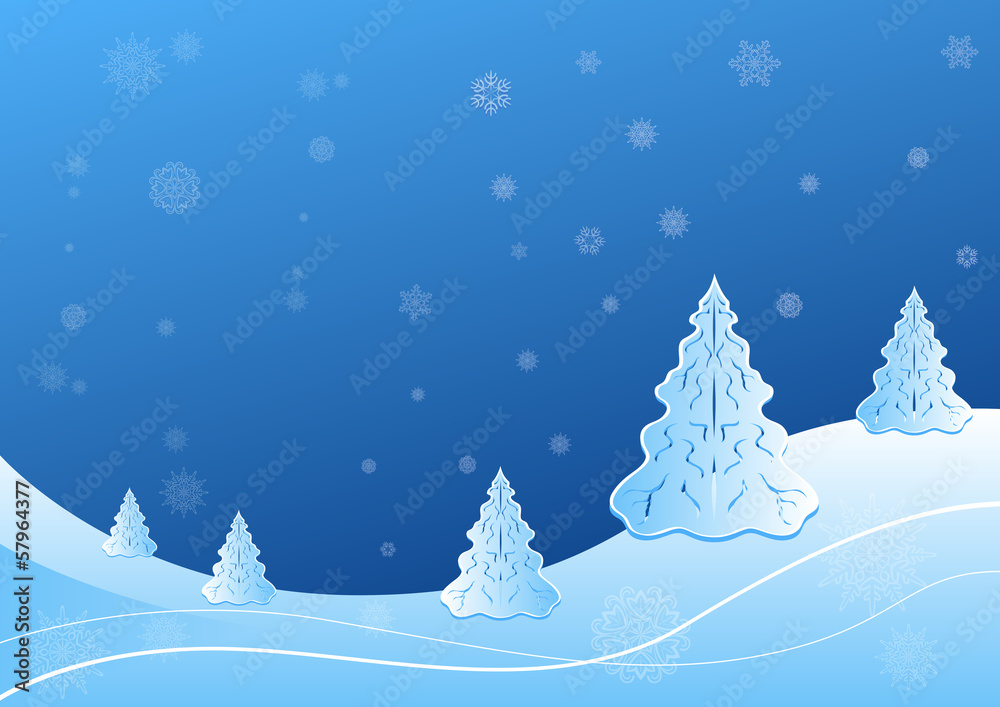 Winter landscape with fir tree and snowflakes