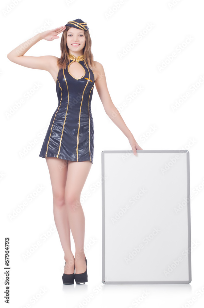 Young woman with blank board on white