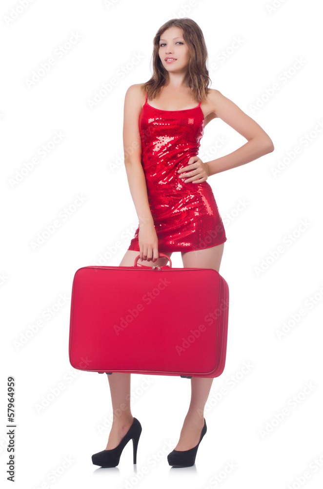 Woman preparing for vacation with suitcase on white Woman preparing for vacation with suitcase on white
