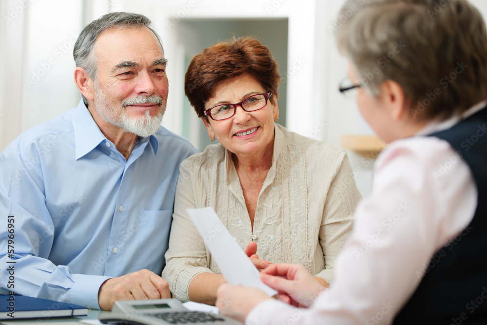 Fototapeta premium Senior couple discussing financial plan with consultant