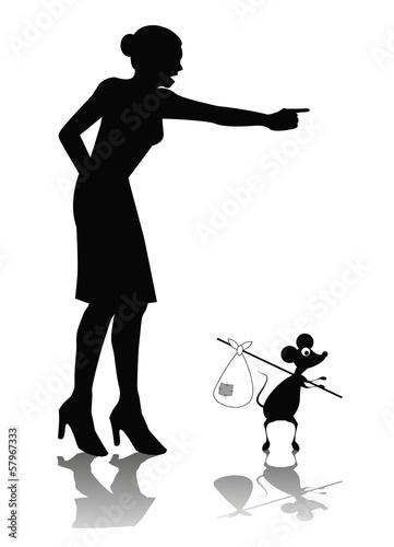 vignetta di silhouette di donna che scaccia un topo