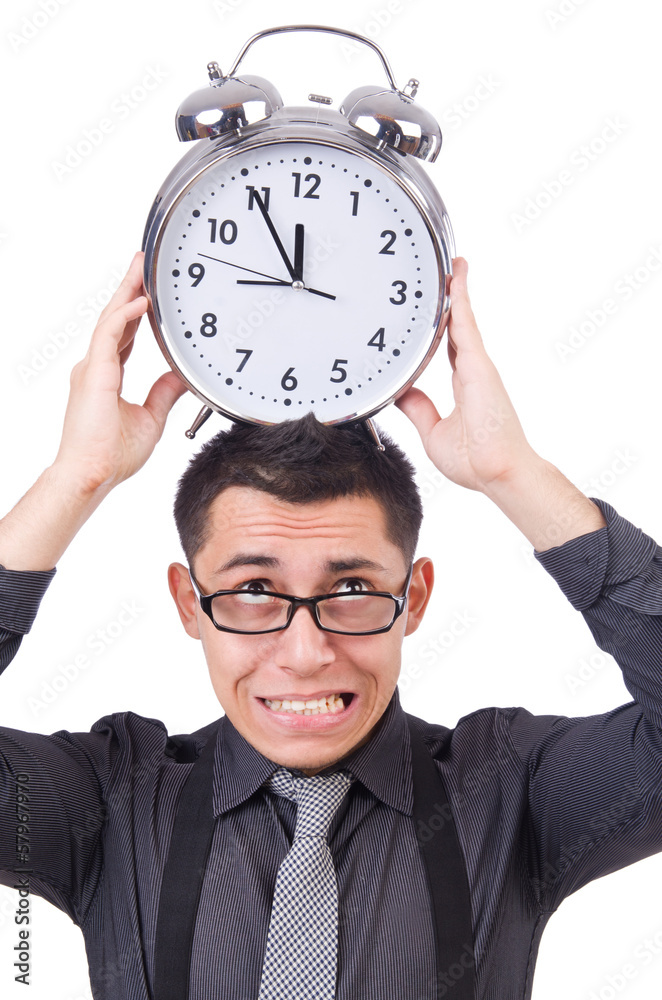 Funny businessman with clock isolated on white Funny businessman with clock isolated on white
