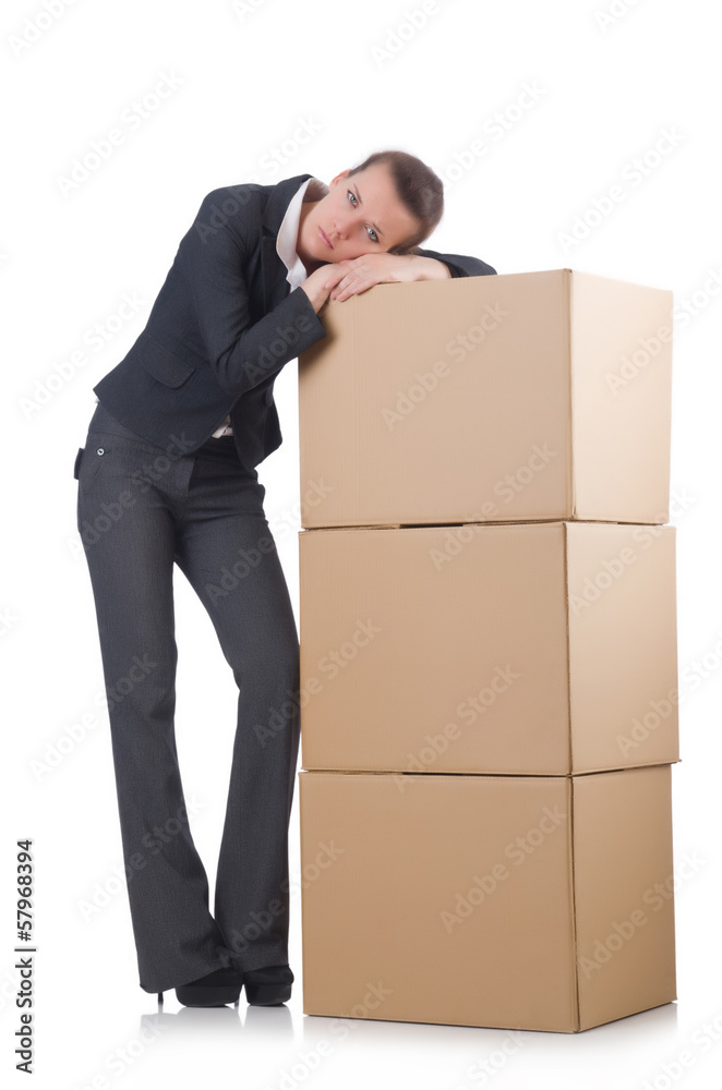 Woman businesswoman with boxes on white Woman businesswoman with boxes on white