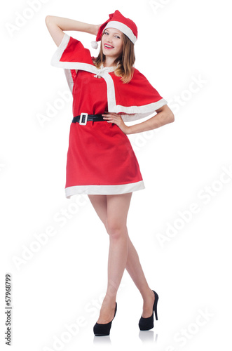 Young woman in red santa costume on white