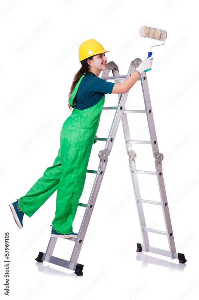 Woman painter with paintbrush on white Woman painter with paintbrush on white