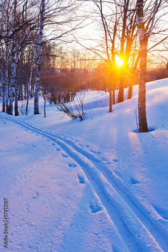 Sunset in winter forest © sborisov