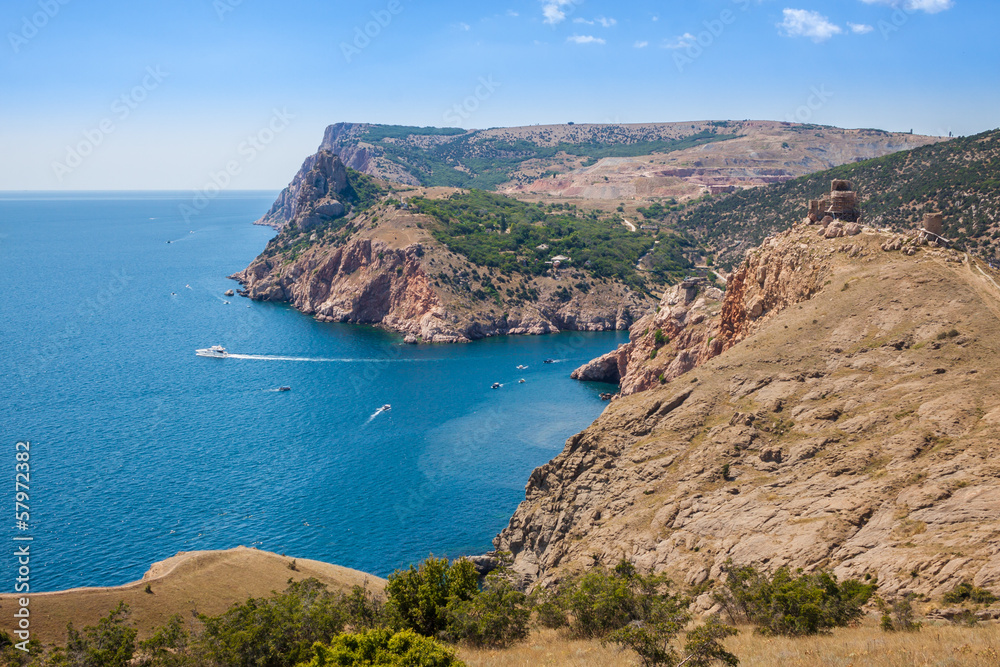 Summer view seacoast. Sudak beach. Black Sea, Ukraine