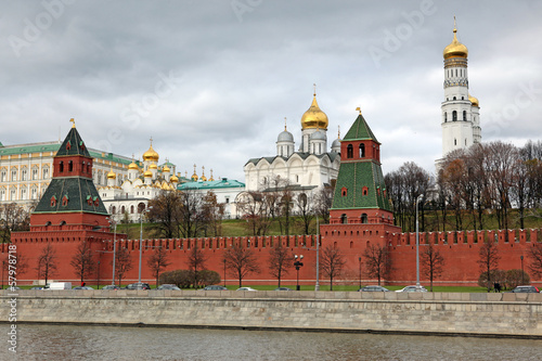 Moscow Kremlin Towers with Churches view through Moskva river an