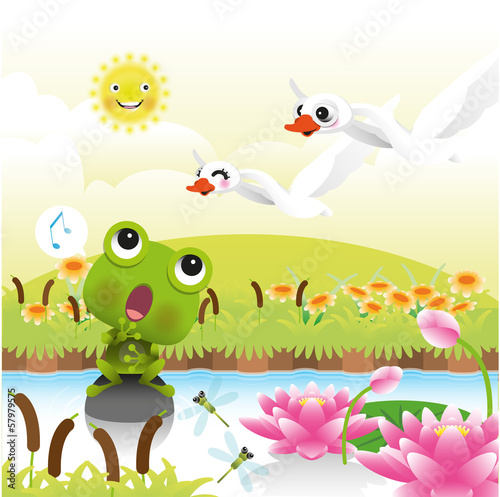 Green frog singing and white swans flying over lake © laias