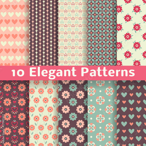 Elegant romantic vector seamless patterns (tiling). Retro