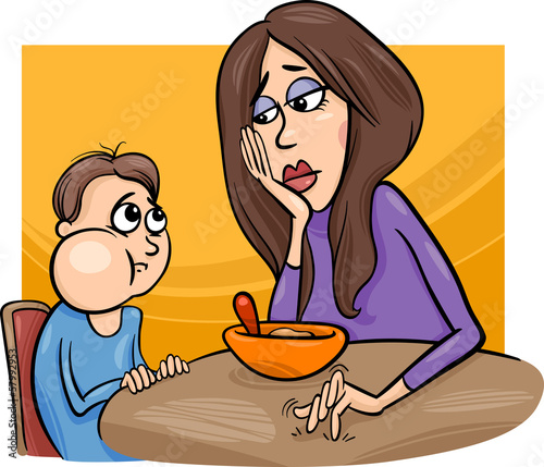 poor eater boy with mum cartoon