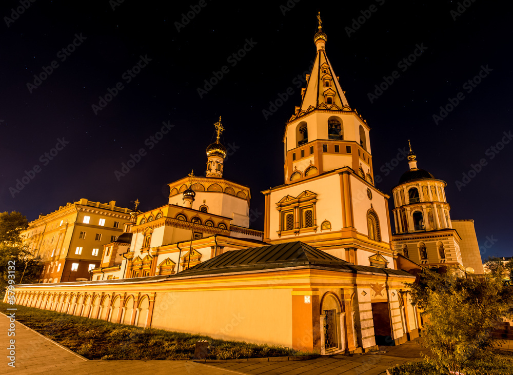 Cathedral of the Epiphany, Irkutsk, Russia at night