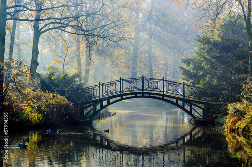 Fototapeta Naklejka Na Ścianę i Meble -  Autumn - Old bridge in autumn misty park
