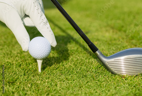 Tableau sur toile Close up view of golf ball on tee on golf course