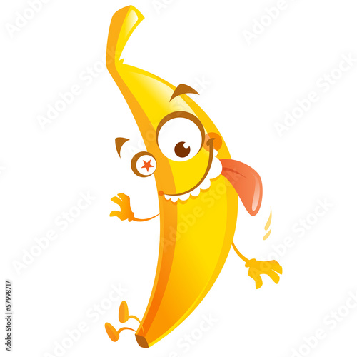 Crazy cartoon yellow banana fruit character go bananas