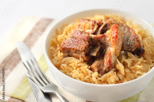 Pork ribs baked with sauerkraut